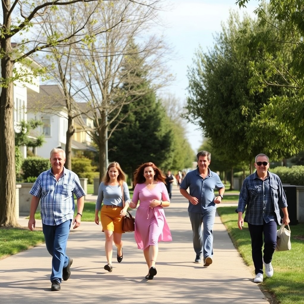 People walking briskly on a sunny neighborhood path