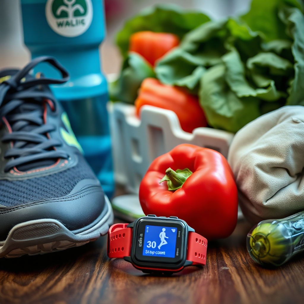 Walking shoes, water bottle, vegetables, and smartwatch displaying steps