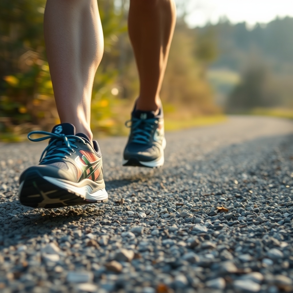 Running shoes on a trail mid-stride
