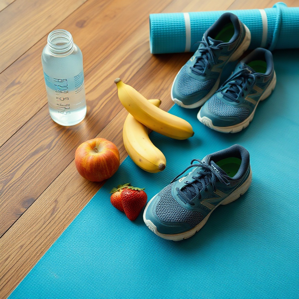 Water bottle, fruit, running shoes and yoga mat representing healthy habits
