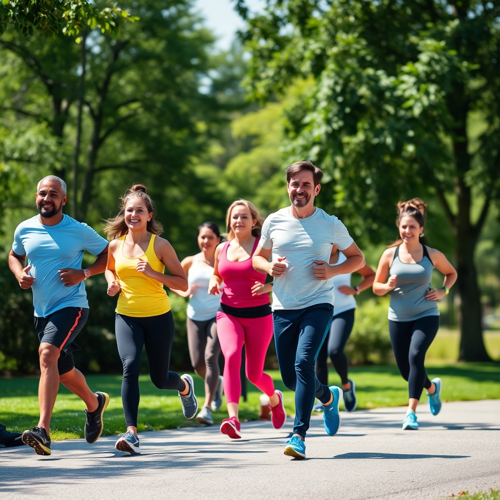 Group of adults jogging and stretching in a park
