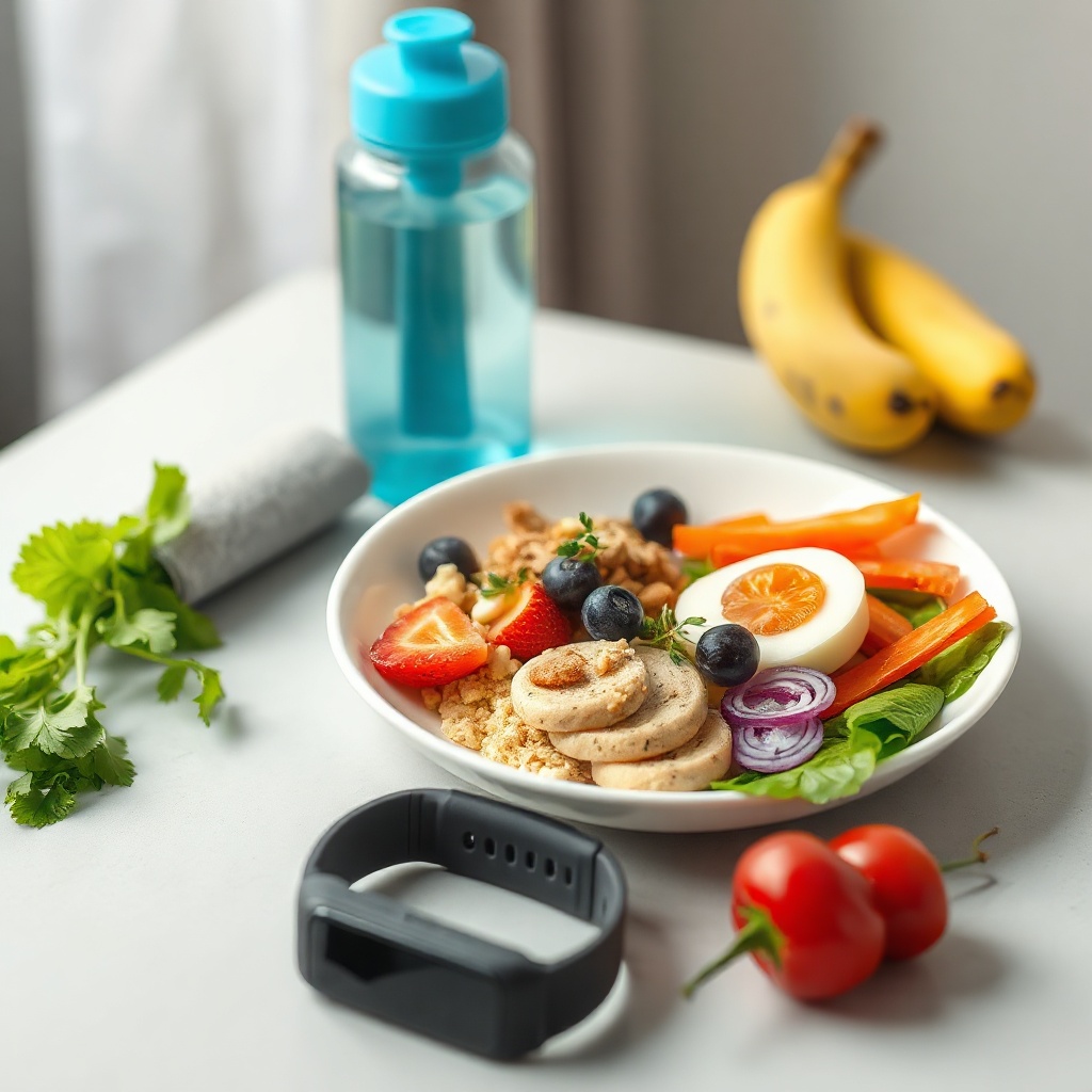 Healthy meal, water bottle, and fitness tracker