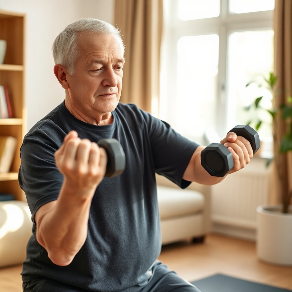 Older adult doing light strength training at home