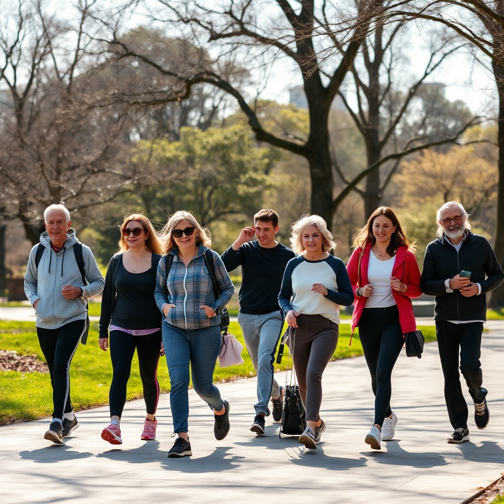 Group walking briskly in a park