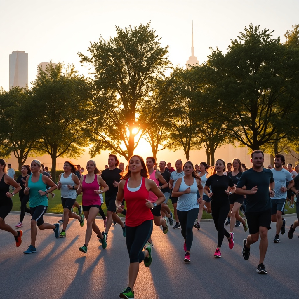 People jogging and stretching in a city park at sunrise