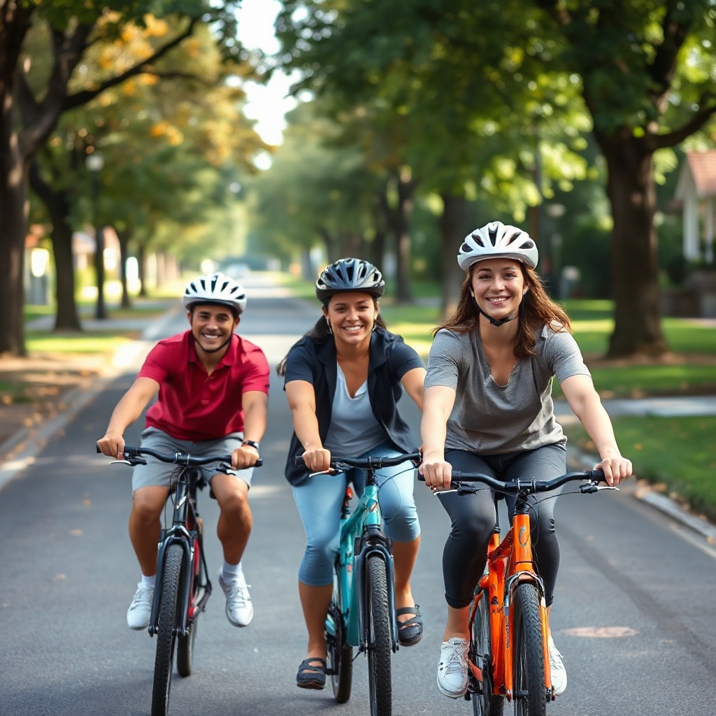 Family cycling together on a bike path